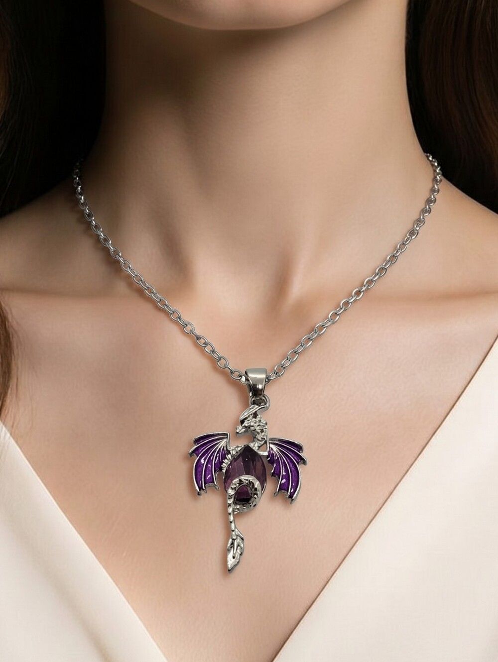 Purple Wyvern Dragon Necklace Fantasy Pendant D&D Gothic Medieval Gothic Jewelry